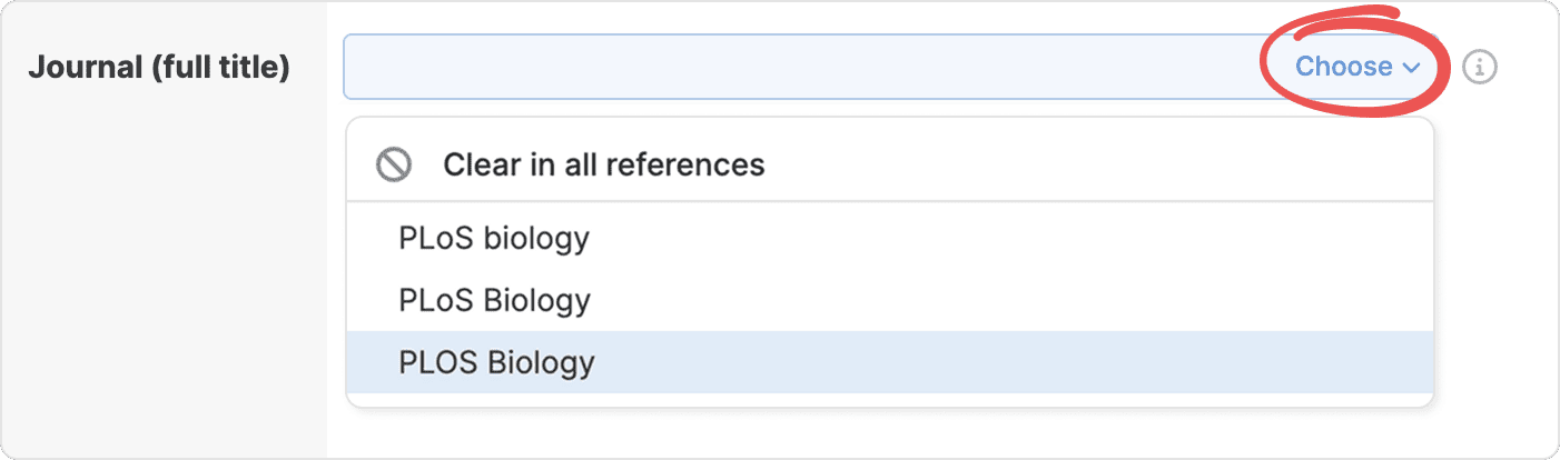 The “Journal (full title)” row in the bulk edit dialog with a circled Choose menu open, offering “Clear in all references” above the differing values “PLoS biology”, “PLoS Biology” and a highlighted “PLOS Biology”.